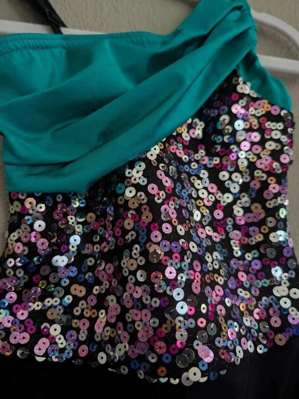 Costume Gallery Teal Sequin Asymmetrical Dance Costume Leotard Child Small